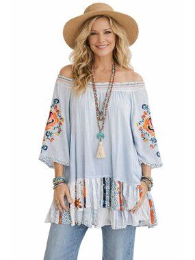 John Mark Boho Embroidered Peasant Top S Blue Off Shoulder Patchwork Ruffle Hem